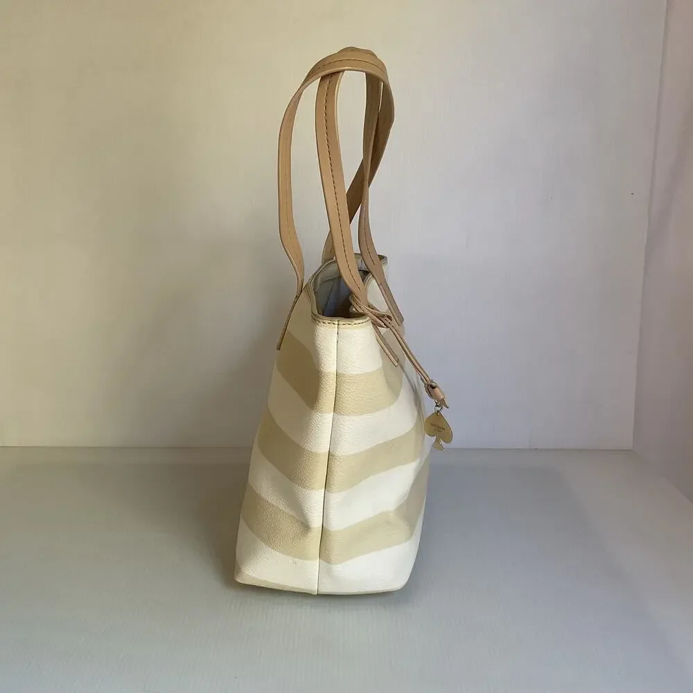 Kate Spade New York Striped Tote Bag Cream Beige Spade Charm Bow Shopper